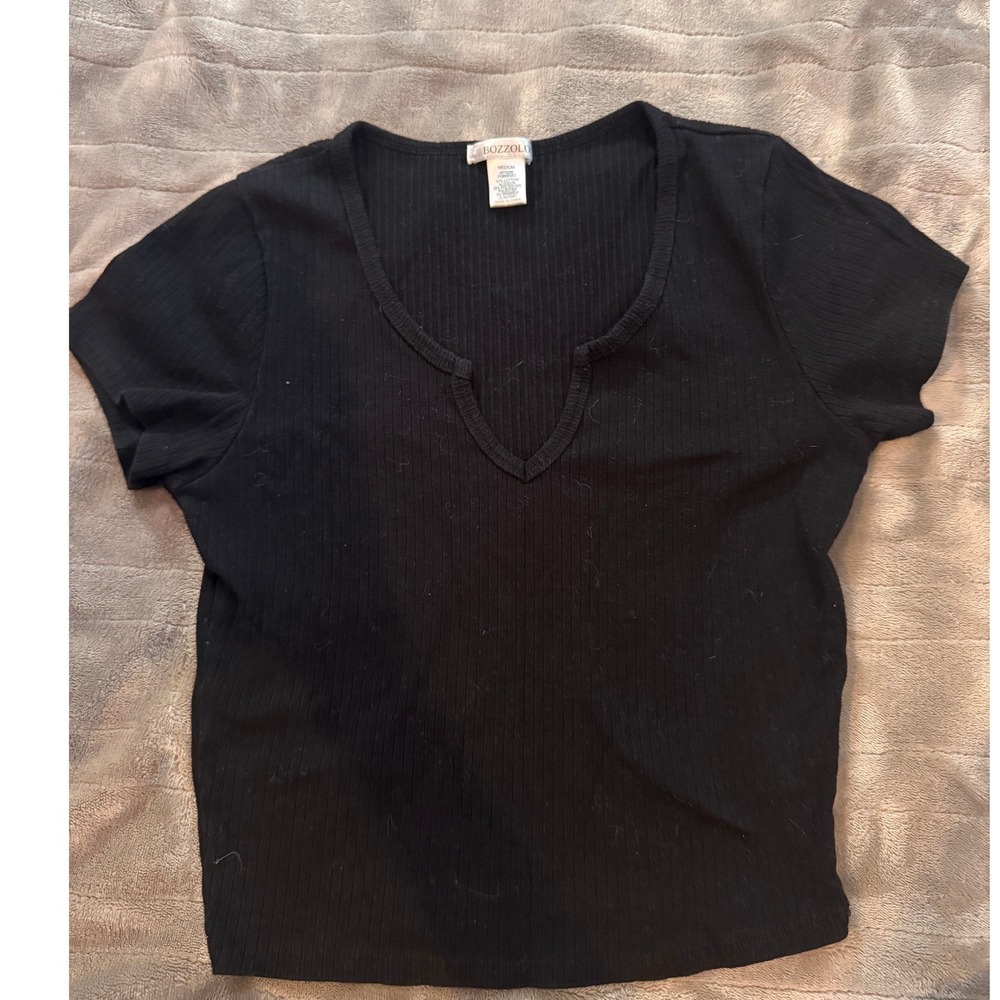 Bozzolo Womens Black Ribbed Short Sleeve Split Neck Top Medium RT70268